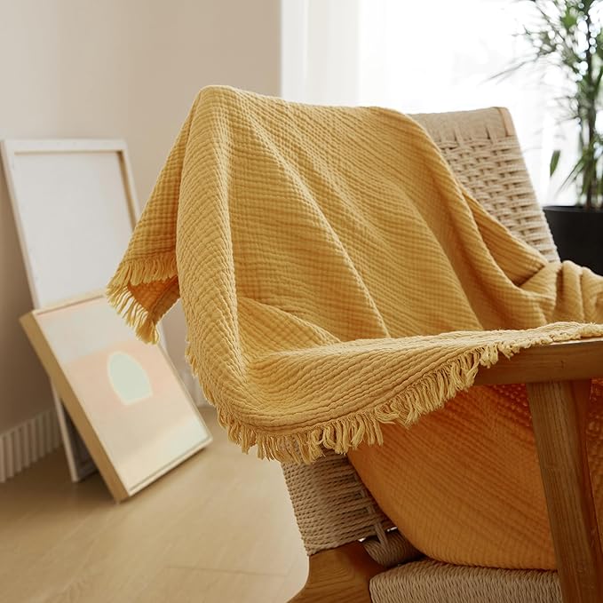 Simple&Opulence Cotton Muslin Throw Blanket 4 Layers for Bed, Couch, Woven Gauze Blanket with Tassels, Soft Lightweight Cozy Pre-Washed Breathable Farmhouse Decoration for All-Season(Yellow)