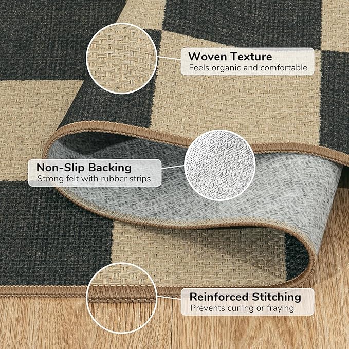 Lessymo Checkered Easy Jute Entryway Rug, 3x5 Washable Area Rugs for Living Room Outdoor Patio, Non Slip Farmhouse Carpet Indoor Door Mat for Entry Front Door Guestroom Deck, Diamond Black/Beige