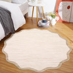 GarveeHome Scalloped Round Area Rugs 4ft, Washable Small Non-Slip, Soft Boho Ultra-Thin Circle Low Pile Stain Resistant Carpet for Bedroom Entryway Kitchen Laundry Bathroom, Beige