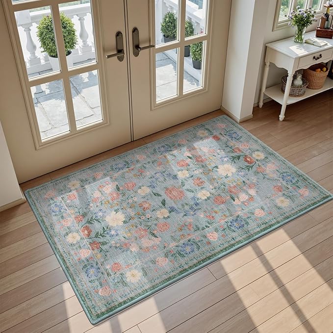 AMOAMI Front Door Mat Indoor Entrance, 2x3 Machine Washable Floral Rugs for Entryway Rug Non Slip Ultra-Thin Soft Boho Small Area Rug Low Pile Throw Rugs for Entrance Kitchen Bathroom, Green
