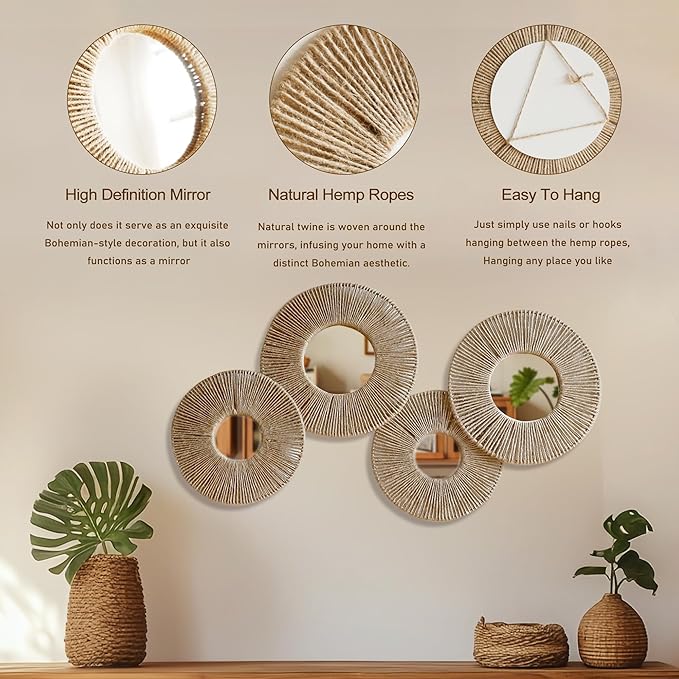 Artilady 4 Pack Hanging Baskets Wall Art - Decorative Woven Wicker Basket Boho Wall Hanging, Rustic Round Mirrors Natural Jute Home Decor Set for Bedroom Living Room Nursery