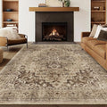 Distressed Brown Living Room Rug 6x9, Washable Non Slip Rug for Dining Room Under Table, Low Pile Thin Carpet Rugs for Den Bedrom Home Office, Vintage Medallion Earth Tone Taupe Brown Black
