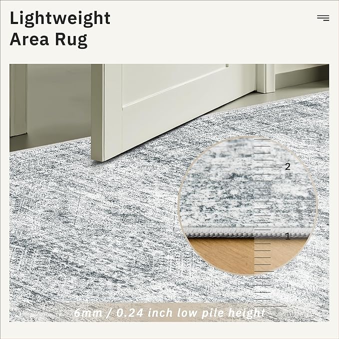 9x12 Area Rugs for Living Room, Non Slip Machine Washable Vintage Rugs, Low Pile Lightweight Large Rug for Bedroom, Dining Room, Home Office Grey
