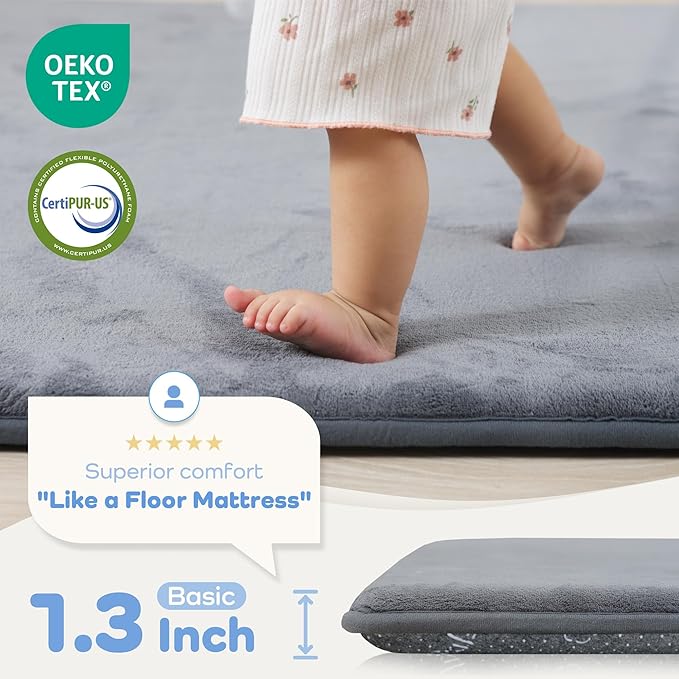 1.3" Thick Baby Floor Play Mat 39x59, Basic Padded Foam Mat for Tummy Time Crawling, Non Slip Cushioned for Babies Toddlers Infants Kids (Dark Grey)