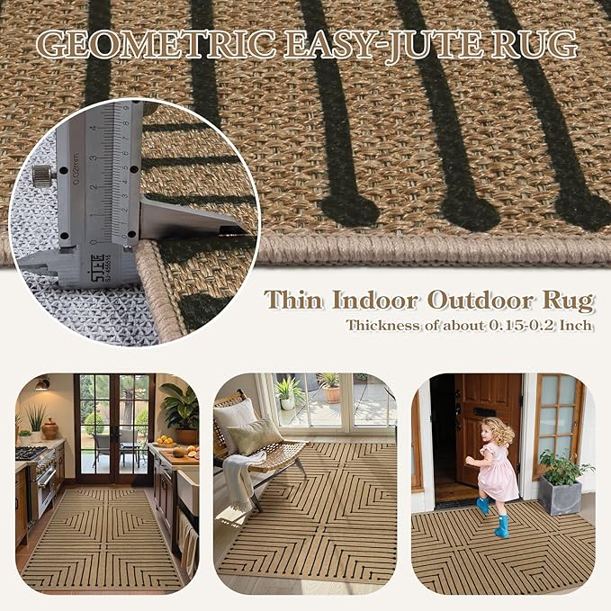 Lahome Neutral Geometric Easy Jute Entryway Rug, 3x5 Washable Outdoor Patio Porch Rug, Farmhouse Rhombus Non Slip Non Shedding Nature Indoor Outdoor Carpet for Kitchen Balcony Foyer