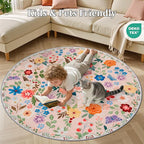 Round Area Rug for Living Room: 6 ft Floral Washable Circle Rug Soft Boho Non-Slip Carpet Indoor Stain Resistant Low Pile Small Circular Rug for Bedroom Entryway Kitchen Nursery Home Office Beige