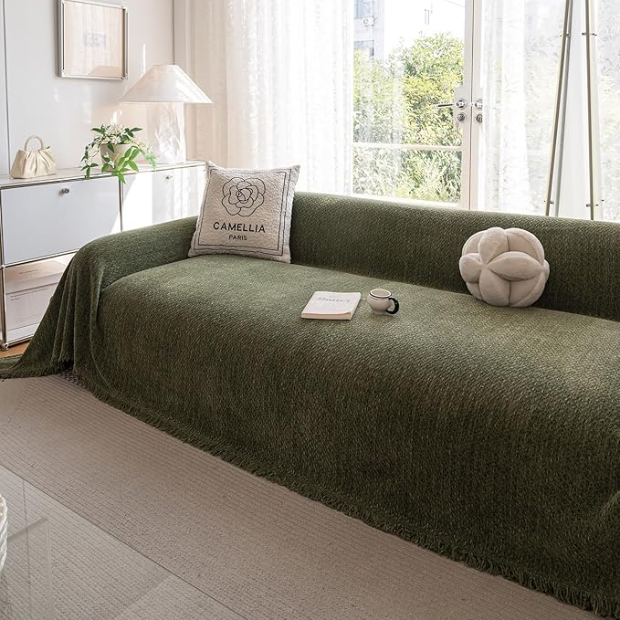 ROOMLIFE Green Sofa Cover, Vintage Boho Couch Cover for 3 Cushion Sofa, Non Slip Soft Chenille Sofa Slipcovers for Dog, Washable Furniture Sofa Protector Cover with Tassel for Living Room, 71''X150”