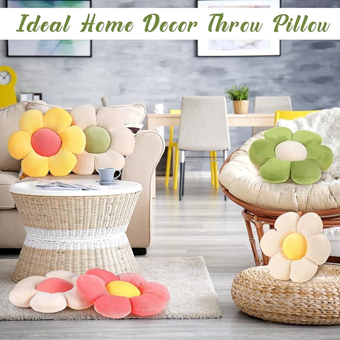 Coume 6 Pcs Flower Floor Pillows - 16 Inch Daisy Throw Pillows Cute Flower Decorative Floor Seat Cushions for Bedroom Home Sofa Chair Couch Decor(Yellow, Pink, Green with White Core)