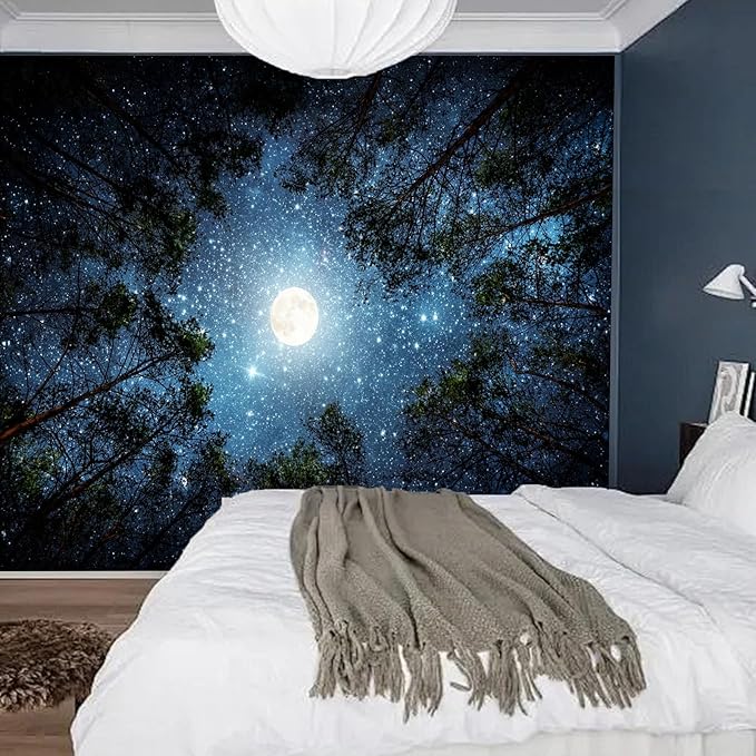 Extra Large Galaxy Forest Tapestry for Bedroom Ceiling, Big Space Night Starry Sky Blue Tapestry Aesthetic, Oversized Milky Way Moon Stars Backdrop Wall Hanging for Dorm Living Room Decor (98"X118")
