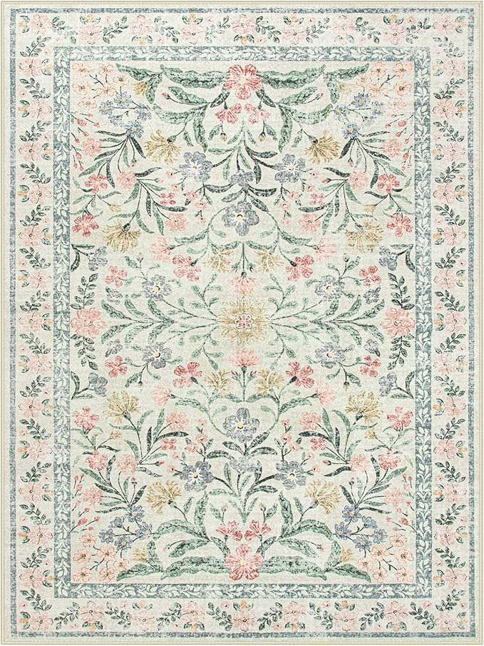 Lahome Sylvie Boho Washable Girls Bedroom 9x12 Rugs, Beige Cream Floral Large Area Rugs for Bedroom, Soft Non-Slip Thin Carpet for Nursery Kids Playroom Dining Room Home, Beige