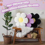 Reginary 4 Pcs Flower Floor Pillows Cute Plush Flower Throw Pillows Daisy Floor Seat Cushion Chair Pads for Back to School First Day of School for Sofa Couch Bed Decor(15 Inch,Black, White, Purple)