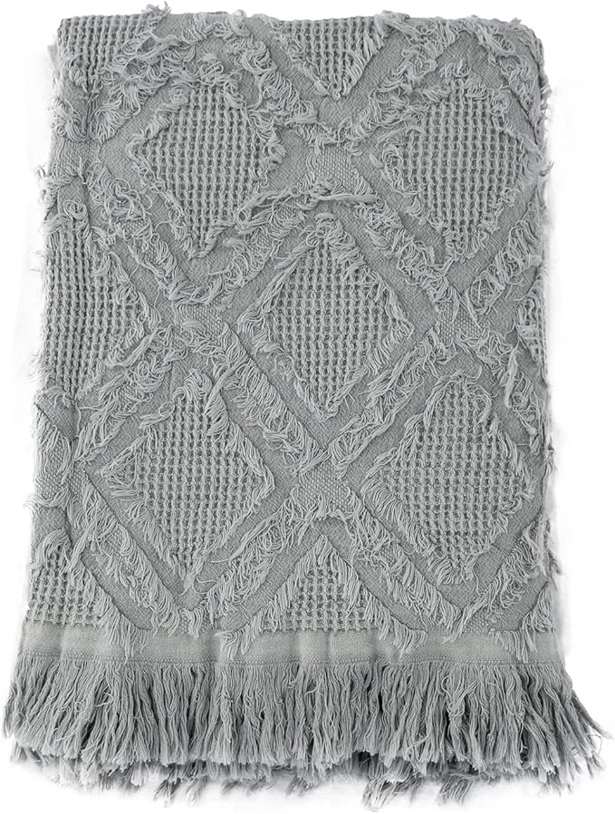 Simple&Opulence Cotton Throw Blanket for Bed, Couch, Boho Textured Geometric Knit Woven Blanket With Tassels Soft, Lightweight Breathable Shabby Chic Farmhouse Decoration for All-Season(Greyish Green)
