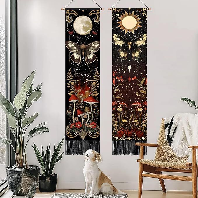 AOHMPT Pack of 2 Long Vertical Tapestry,Nature Landscape Tapestry with Serene Mountain River, Moon & Sun Motifs,Traditional Ink Painting Wall Art , Zen Aesthetic Wall Hanging for Living Room Bedroom Decor 13" W x 51" H"