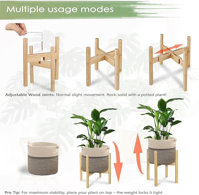 Flower Pot Rattan Plant Stand Planter with Stand, Tall Indoor Boho Woven Wicker Storage Basket with Adjustable Wood Shelf (White & Grey)