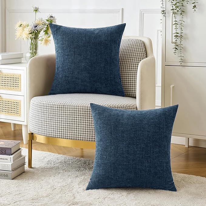 MIULEE Pack of 2 Blue Throw Pillow Covers 16x16 Inch Soft Chenille Pillow Covers for Sofa Living Room Couch Solid Dyed Cases