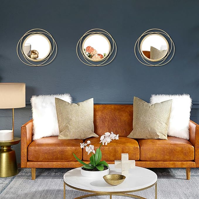 3 Set 9.5 Inch Gold Circle Mirrors Wall Decor Iron Frame Wire Mirror Metal Circular Mirror Home Decor Hanging Mirrors for Room/Bedroom/Bathroom/Entryway