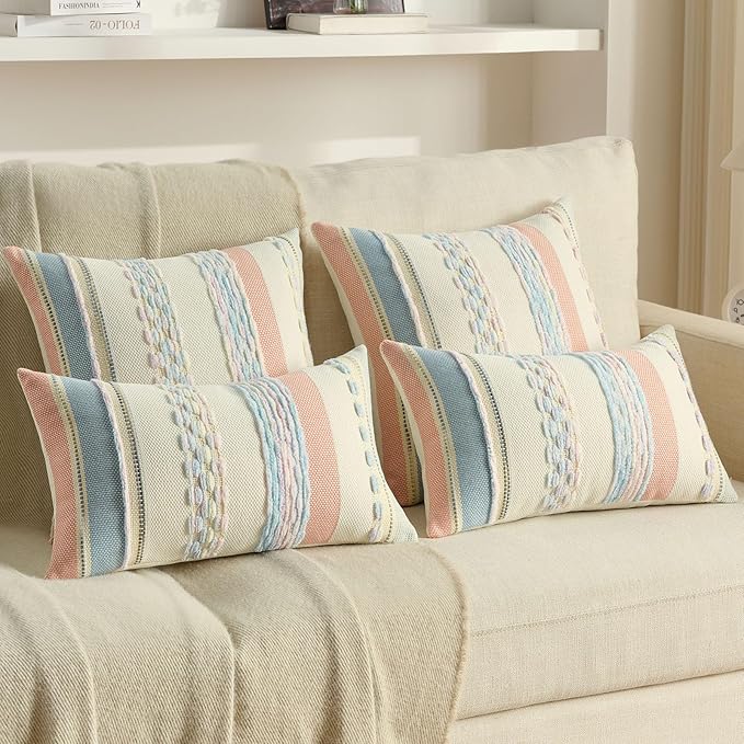 FUTEI Pink Blue Decorative Throw Pillow Covers 20x20 Inch Set of 2, Soft Tufted Striped Textured Accent Cushion Case,Boho Pillows for Couch Decor
