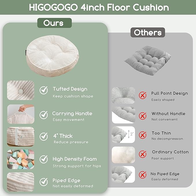 HIGOGOGO Floor Pillow Cushion for Adults, Meditation Cushion Pillow, Large Round Floor Sitting, Tufted Corduroy Cover, for Tatami Living Room or Yoga, 22x22 Inch, Beige