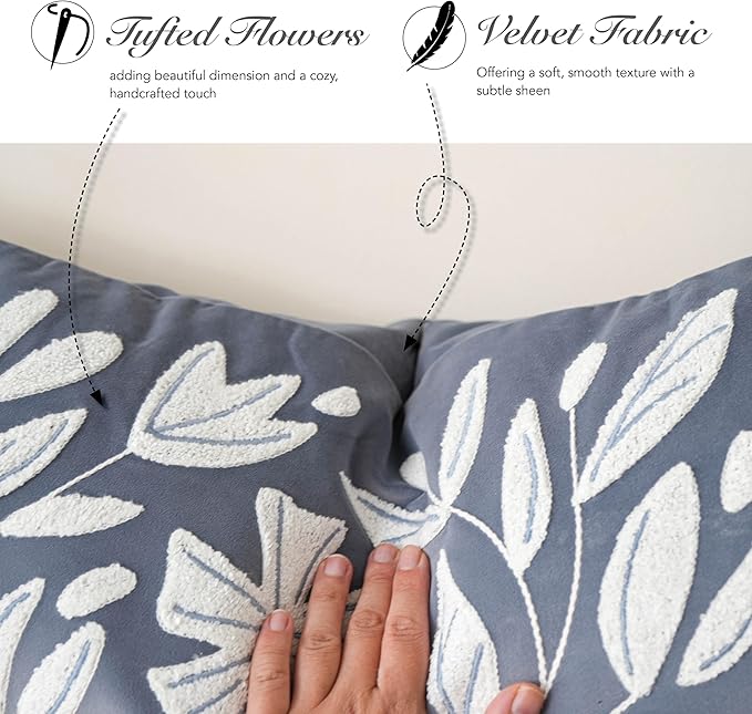 BlissBlush 14x36 Lumbar Pillow Cover for Bed, Grayish Blue Rectangular Long Throw Pillowcase, Embroidered Velvet Floral Tufted Farmhouse Accent Cushion (Cover Only)
