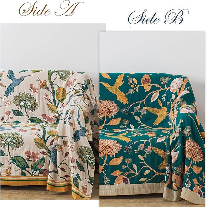 Qidordour Boho Throw Blanket, 60"x80" Muslin Blankets for Adults, 100% Organic Cotton Blanket for Couch Sofa, Lightweight Quilt, All Season Bed Throw, Farmhouse Home Decor, B-Hummingbird Fruit