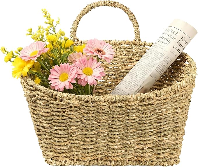 Hanging Wall Basket Handwoven Wicker Basket for Plants, Flowers & Storage, Rustic Farmhouse Wall Decor Organizer, Natural Seagrass
