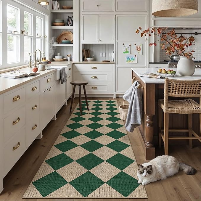 2x8 Checkered Easy Jute Runner Rug Non Slip Hallway Kitchen Washable Outdoor Rug for Entryway Indoor Checkerboard Green Long Indoor Outdoor Carpet for Bedside Entry Front Door Porch