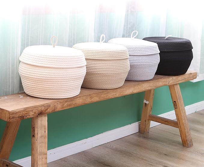 Sea Team Round Cotton Rope Storage Basket with Lid, Decorative Woven Storage Bin, Pot, Caddy, Organizer, Container for Snacks, Towels, Plants, 13 x 9 Inches (Large, Cream)