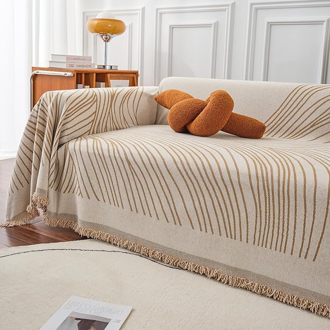 VClife Large Sofa Cover Chenille Couch Cover for 2 Cushion Couch Sofa, Modern Beige Khaki Striped Couch Covers for Kids Washable Sectional Sofa Protector with Tassel 71"X118"