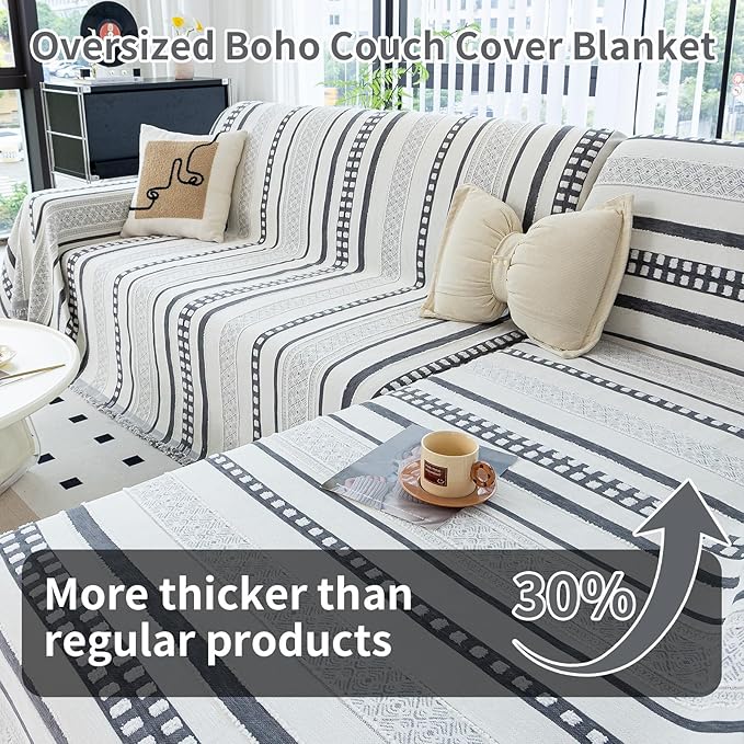 Striped Couch Cover Blankets, Boho Couch Covers, Sofa Blanket Cover for Dogs, Large Couch Covers for Recliner and Chair, Chenille Sofa Covers Washable Sectional(1pc/Light Grey/71 x 134)