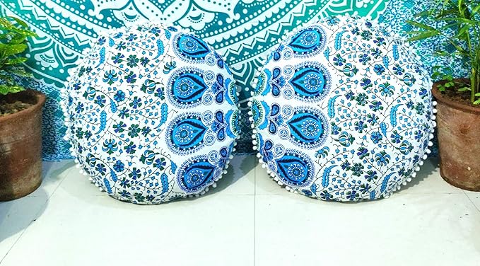 CRAFT KALA Mandala Floor Pillow Cushion Cover Seating Throw Cover Hippie Decorative Bohemian Ottoman Poufs Pom Pom Pillow Cases Indian Cotton Living Room Home Décor 24" Round Set Of 2, Sky Blue Mirchi