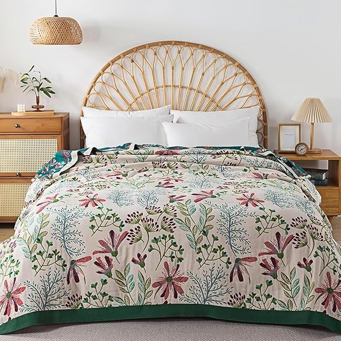 Boho Blanket for Bed 100% Cotton Bohemian Throw Blankets Ultra Soft Woven Muslin Decorative Blankets All Seasons Vintage Quilt Knitted Blanket for Sofa Chair(Green, 50"x60")