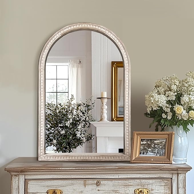 Arched Vanity Mirror for Wall, 30"x20" Boho Rustic Farmhouse Mirror with Beaded Wooden Frame, Decorative Wooden Mirror for Bathroom, Living Room, Entryway, or Bedroom