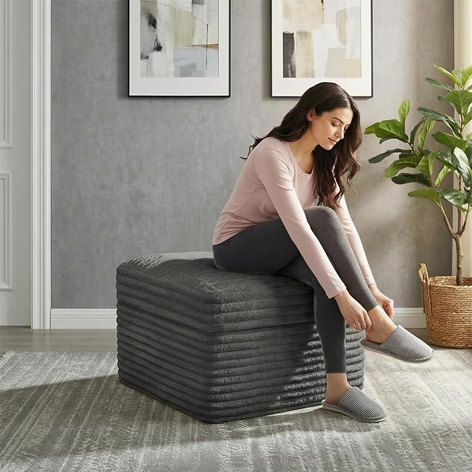 23.6in Pouf Ottoman, Corduroy Ottoman Foot Rest with Dual‑Layer Support, Large Poofy Pouf with Soft Chunk‑Foam Top & Firm Foam Base, Floor Foot Stool for Living Room, Dark Grey