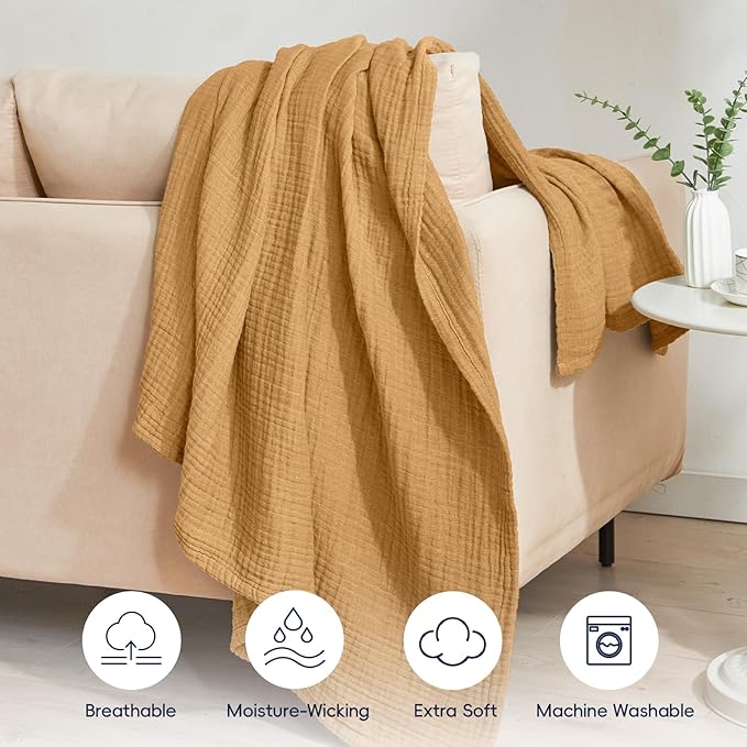 PHF 100% Cotton Muslin Throw XL Blanket Large 50" x 70", 4-Layer Lightweight Gauze Throw, Breathable Cloud-Soft Minimalist Blanket for Bed, Couch, Camping & Baby, Amber, Ideal Gift