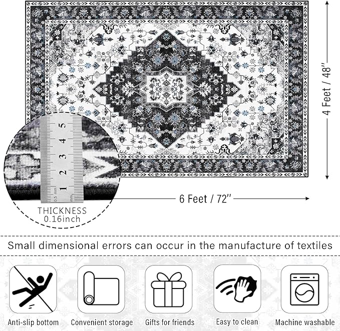 Amearea Vintage Design Area Rugs for Living Room, 4x6 Machine Washable Floral Collection Traditional Bedroom Rug, Low Pile Cute Kids Room Print Carpet, No Slip Office Kitchen Home Decor, Black