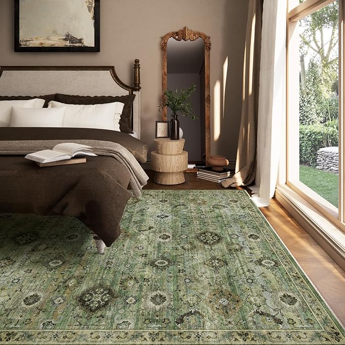 Washable Area Rugs for Living Room: 8x10 Rug Boho Vintage Rugs Stain Resistant Non Slip Low Pile Lightweight Soft Carpets for Bedroom Kitchen Dining Room Nursery Kids Room Farmhouse Home Office
