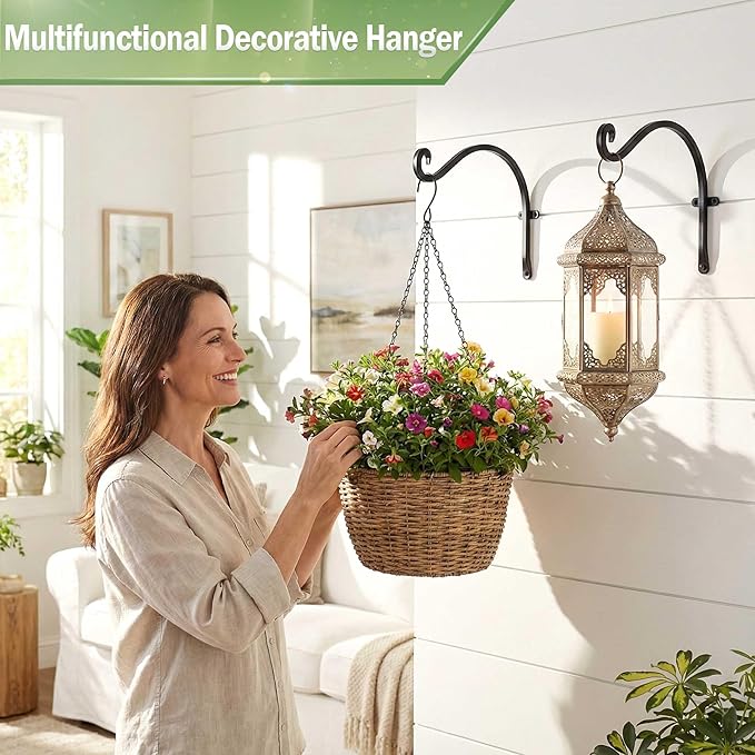 Hanging Plant Brackets Outdoor: 2 Pack 12 Inch Metal Plant Hangers Wall Hooks - Can Hold 50 Lbs Heavy Duty Outdoor Hooks for Hanging Bird Feeders, Flower Baskets, Lanterns, Wind Chimes