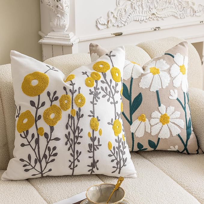 vctops Boho Floral Tufted Decorative Throw Pillow Cover Botanical Embroidered Cotton Cushion Cover for Couch Sofa Bed (Flower C,18"x18")