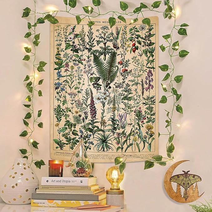 Vintage Flowers Tapestry 48”x36”, Long Vertical Wall Hanging Reference Illustrative Botanical Tapestries for Bedroom Aesthetic Floral Tapistry Botanical Plants Tapestry Wall Hanging Cute Bedroom Decor