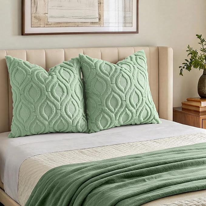 decorUhome Cozy Textured Euro Sham Throw Pillow Covers 22x22 Inch Set of 2, Soft Plush Faux Wool Sage Green Accent Couch Pillow Covers for Modern Farmhouse Sofa Bed Living Room