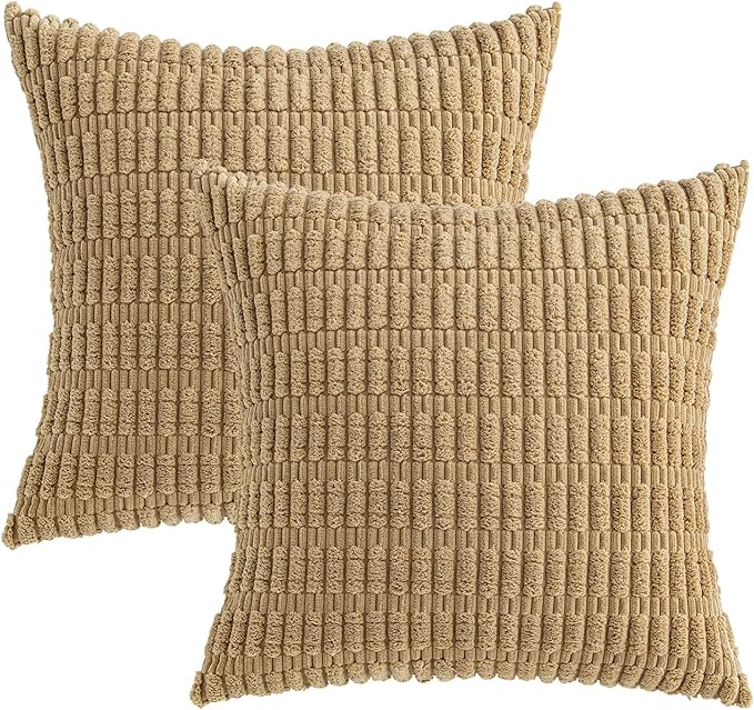 MIULEE Pack of 2 Corduroy Decorative Euro Sham Throw Pillow Covers 22x22 Inch Soft Boho Striped Pillow Covers Modern Farmhouse Home Decor for Sofa Living Room Couch Bed Khaki