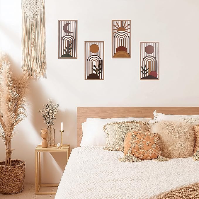 Boho Wall Art Set of 4, Terracotta Wall Decor & Burnt Orange Bedroom Decor, Orange Modern Wall Art with Arch/Botanical Design - Mid-Century 3D Wooden Abstract Geometric Artwork for Home Living Room Office(C)