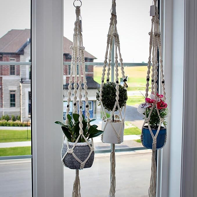 Macrame Plant Hangers Set of 3 – Handmade 39-Inch Indoor/Outdoor Hanging Planters in Ivory with Beads, Boho Home Decor for Pots up to 9 Inches (Pots Not Included)