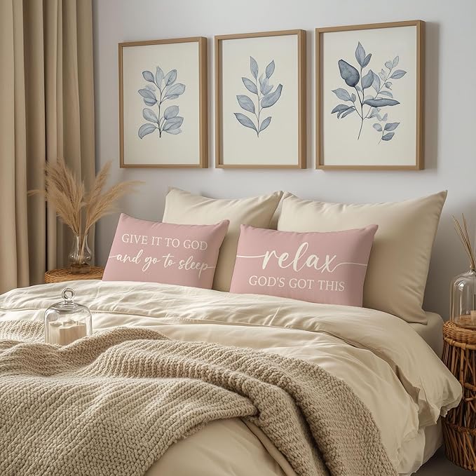 Dusty Rose Pink Throw Pillow Covers 12x20 Inch Set of 2 – Christian Gifts for Mom or Daughter – Relax God’s Got This/Give It to God and Go to Sleep – Bedroom Faith Decor