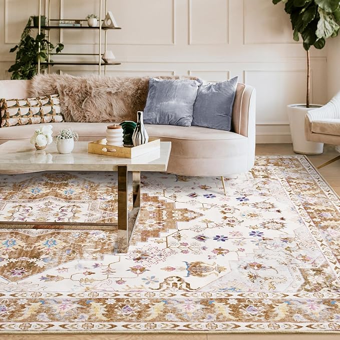Amearea Vintage Design Area Rugs for Living Room, 8x10 Machine Washable Floral Collection Traditional Bedroom Rug, Low Pile Cute Kids Room Print Carpet, No Slip Office Kitchen Home Decor, Gold