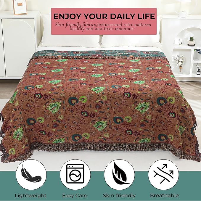 Boho Fall Throw Blanket for Bed,100% Ultra Cotton Soft Breathable Bed Throw Floral Printed Farmhouse Decor Rustic Bed Throws for Couch Sofa Quilt 80" x 90"