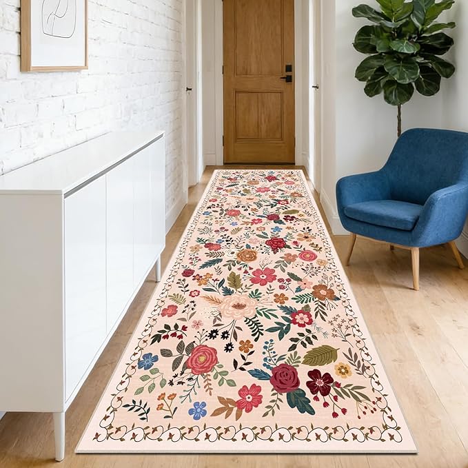 Washable Beige Red 2'6" x 8' Runners for Hallways, Non Slip Long Floor Runner for Kitchen, Entryway Indoor, Stain Resistant Rubber Backing Floral Décor Rug