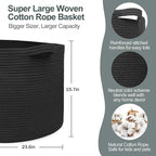 115L Super Large Black Blanket Basket, 23.6"x15.7" Woven Rope Bin for Storage, Oversized Kids Dog Toy Storage Box Bins, XXXL Blanket Holder for Living Room, Jumbo Wicker Basket for Organizing