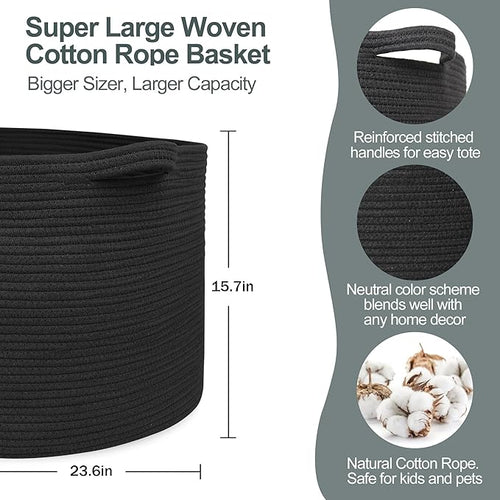 115L Super Large Black Blanket Basket, 23.6"x15.7" Woven Rope Bin for Storage, Oversized Kids Dog Toy Storage Box Bins, XXXL Blanket Holder for Living Room, Jumbo Wicker Basket for Organizing