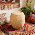 Round Bohemian Rattan Ottoman, Handwoven Seagrass Pouf Chair for Living Room Bedroom Patio Garden (12.2"x12.2"x16.5")